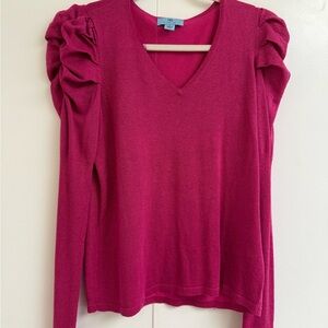 CeCe Fuchsia V-Neck Blouse with Ruched Sleeves